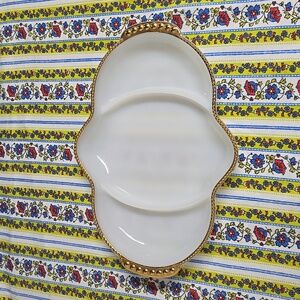 Vintage Fire King Glass Relish Pickle Veggie Fruit Tray White Gold Colored Trim